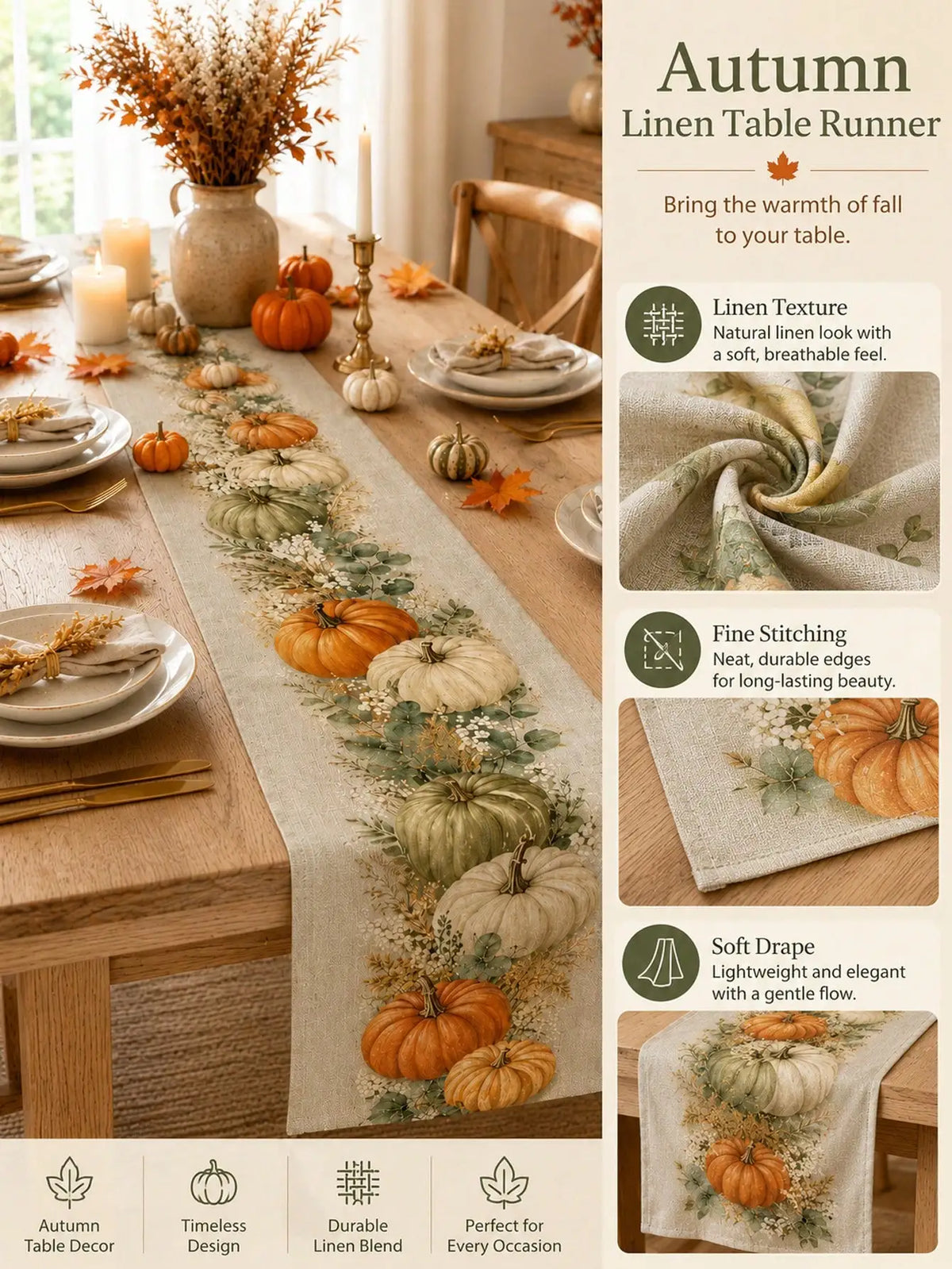 1pc-Fall Linen Table Runner, Patchwork Pumpkin Maple Leaf Table Decor, Rustic Farmhouse Autumn Dining Table Runner For Kitchen, Thanksgiving Harvest Holiday Decoration, Seasonal Centerpiece Cover For Everyday Use, Parties And