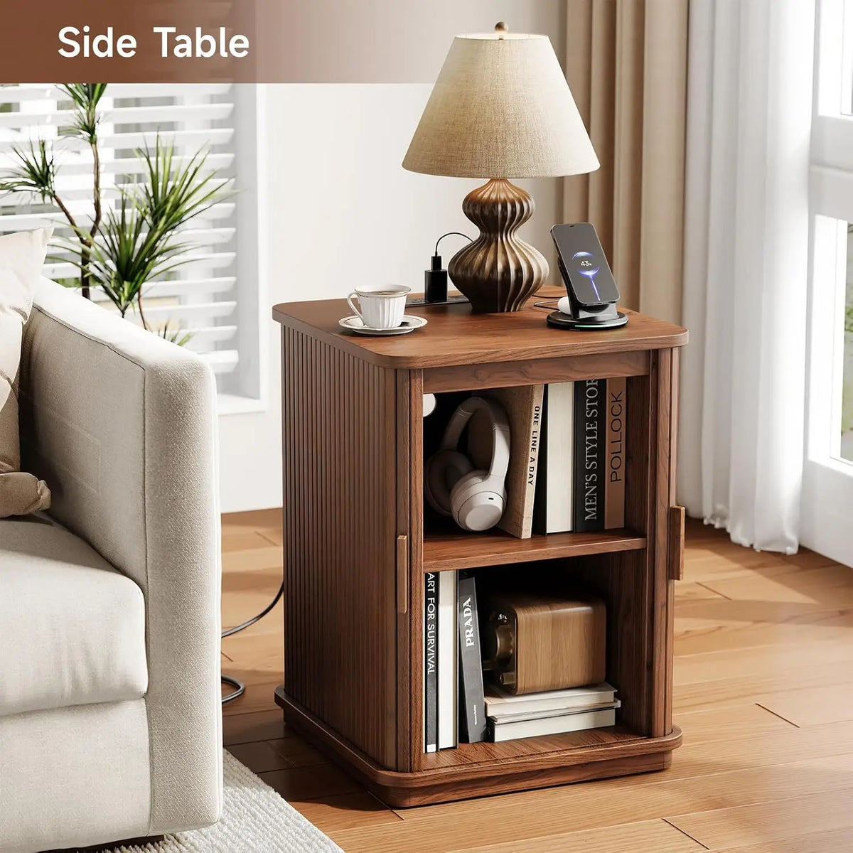 ONBRILL USB Charging Nightstand With Fluted Storage And Power Outlet
