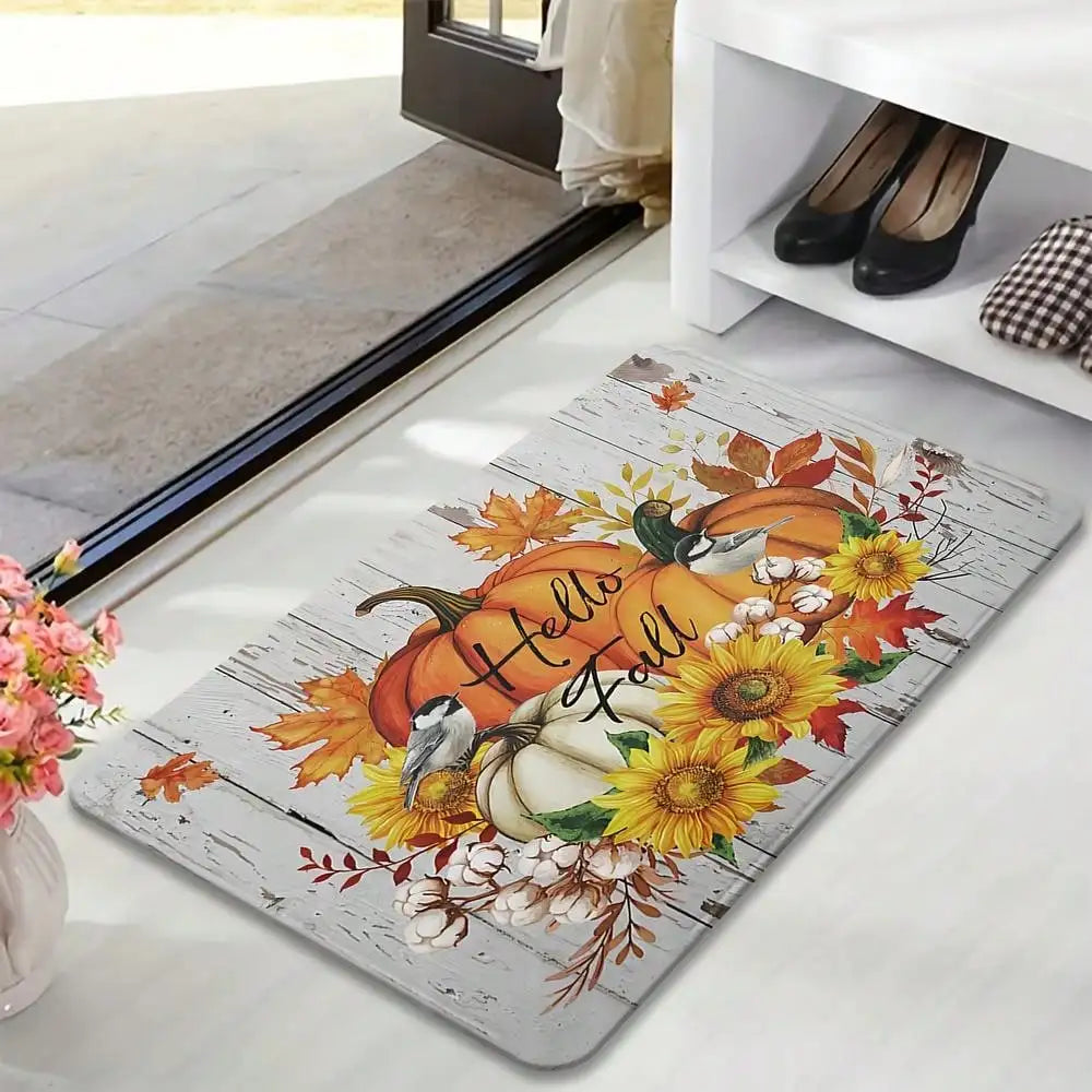 1pc "Hello Fall" Autumn Soft Flannel Non-Slip Floor Mat, Autumn Maple Leaf And Pumpkin Pattern Doormat, Suitable For Laundry Room Decor, Kitchen Mat, Washable