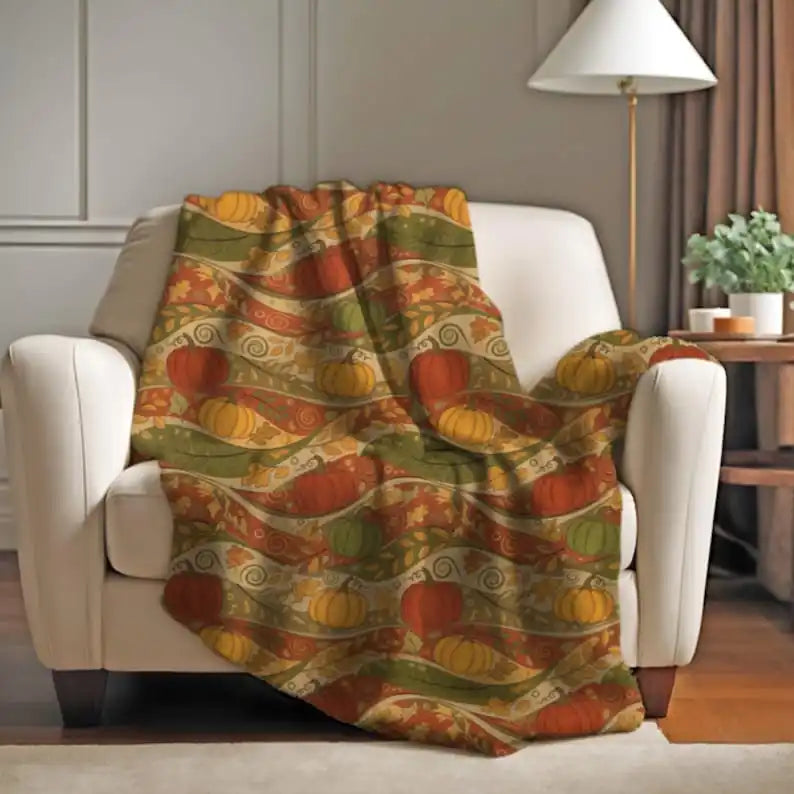 Autumn Harvest Blanket, Pumpkin Wave Throw, Fall Farmhouse Bedding, Orange Pumpkin Throw, Autumn Wave Blanket, Harvest Season Gift
