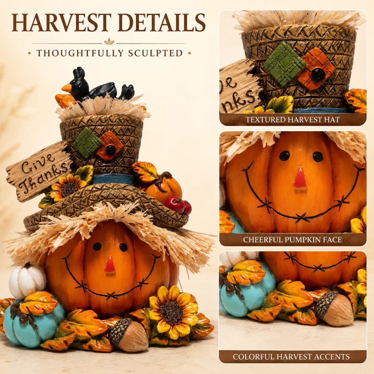Hodao Resin Thanksgiving Harvest Scarecrow Figurine Figure Model, Pumpkin Face Autumn Decor with Give Thanks Sign & Cute Black Crows, Rustic Farmhouse Tabletop Statue with Straw Hat & Sunflower, Holiday Accent Ornament for Ho