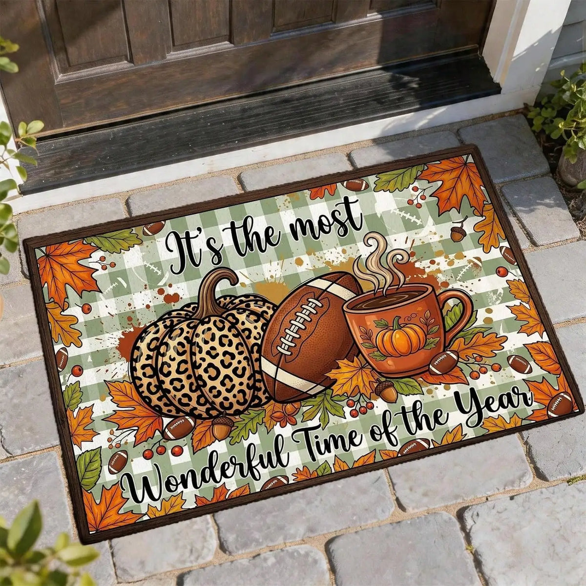 Pumpkin Football Coffee Cup Welcome Door Mat, Autumn Rustic Floor Rug With Football Theme Design, Non-Slip Outdoor Carpet For Bedroom, Front Door, Entryway
