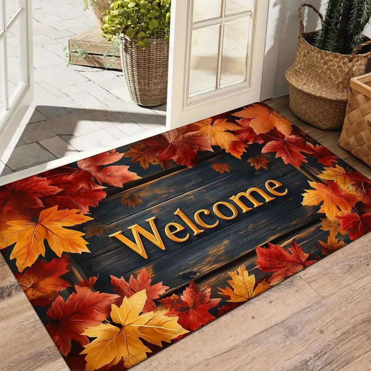 1pc Autumn Maple Leaf Welcome Doormat - Rustic Farmhouse Style Thanksgiving & Halloween Decor, 0. 47inch Thick Machine-Washable Polyester With Non-Slip Backing