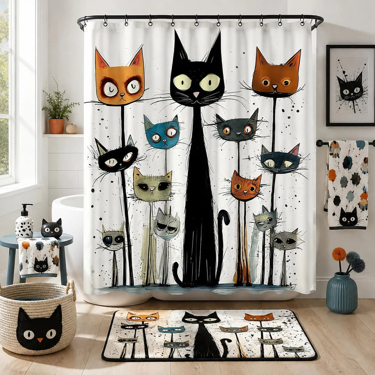 1pc Playful Cat Shower Curtain Durable Whimsical Cat Faces Print Shower Curtain with Hooks| Playful Black Cat Design, Machine Washable, Ideal for Bathroom Decor, All-Season Use