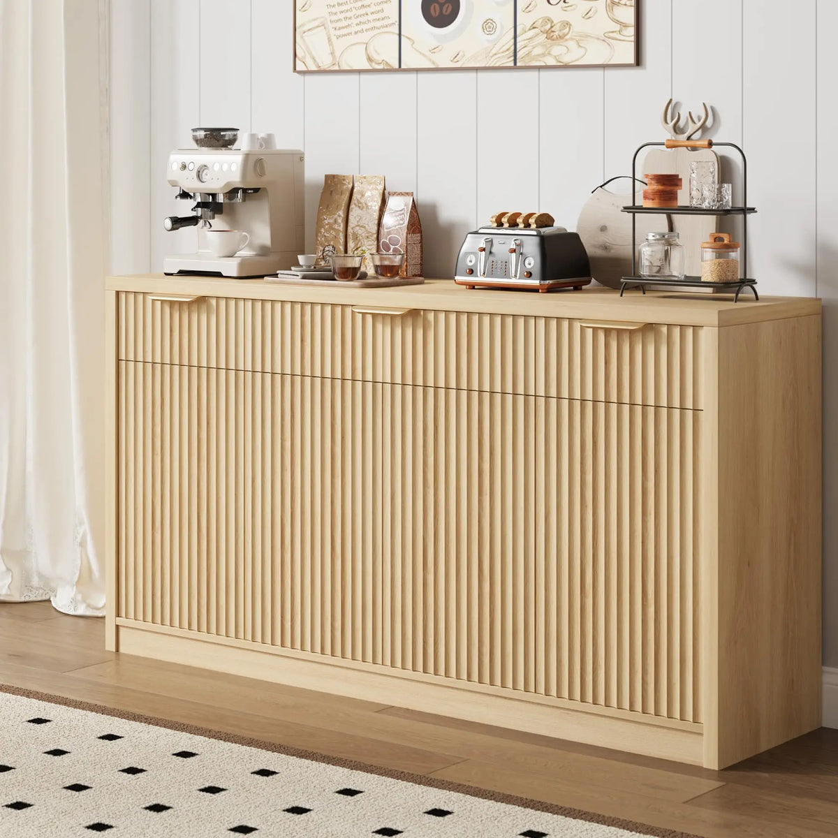 55 Inch Fluted Buffet Sideboard Cabinet With 3 Drawers, 4 Doors & Adjustable Shelves, Kitchen Coffee Bar Dining Room Storage