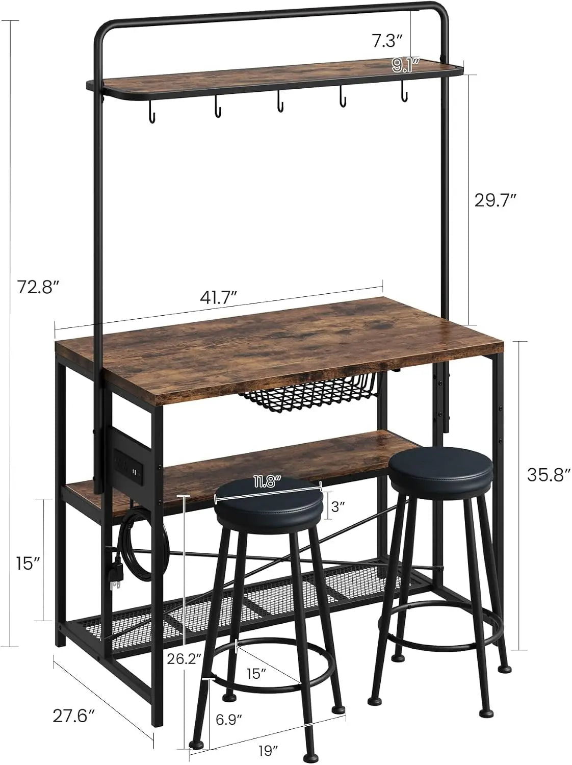 Industrial Kitchen Island Dining Table with Power Outlet: Includes 2 Bar Stools, 3-Tier Storage Shelves, 5 Hooks & Microwave Stand, Multifunctional Coffee Bar for Dining Room, Living Room
