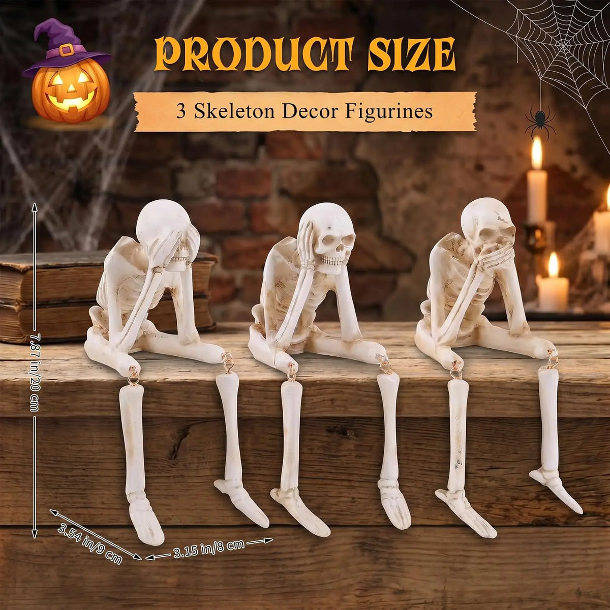 3PCS Halloween Skeleton Figurines Set Full Body Skeleton H  Movable Joint Plastic Hanging Skull Ornament for Haunted House Party Supplies