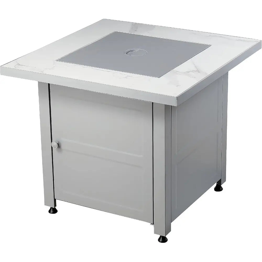 30 Inch Square Outdoor Gas Fire Pit Table with Marble Mantel, Slate Finish, White Fire Glass, and Protective Cover