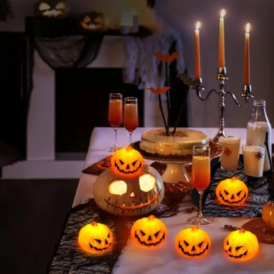 6 Pack Halloween Pumpkin Flameless Candles Battery Operated LED Tealight Candles for Home Room Decorations, Light Up Halloween