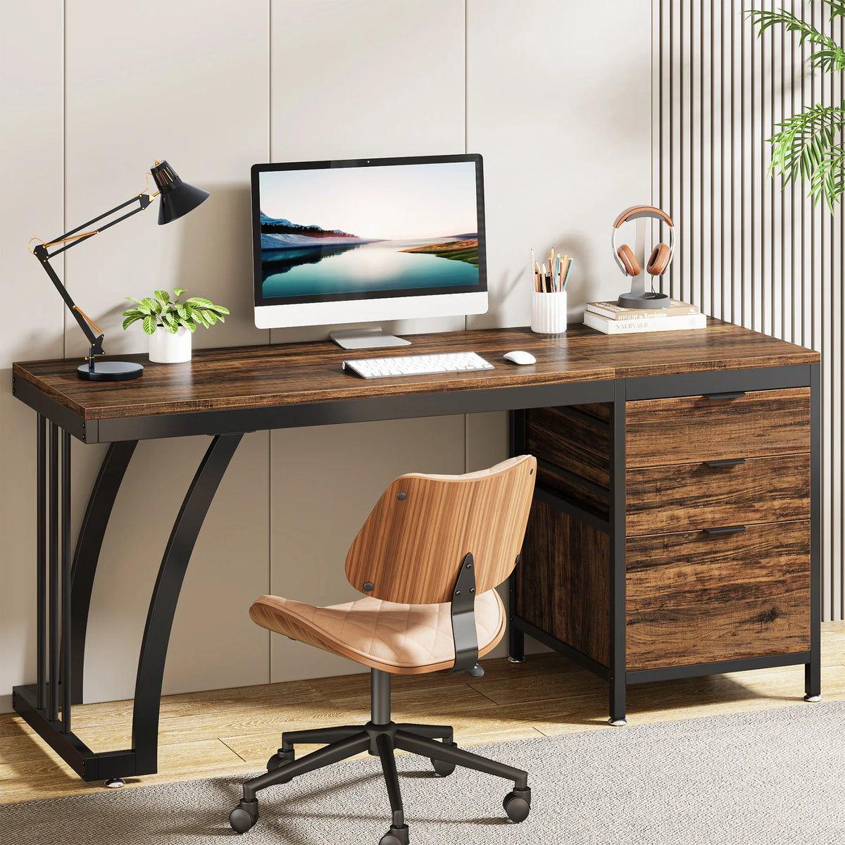 Tribesigns Industrial Computer Desk With Three Drawers And Shelf