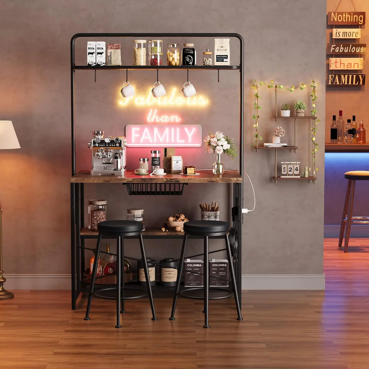 Industrial Kitchen Island Dining Table with Power Outlet: Includes 2 Bar Stools, 3-Tier Storage Shelves, 5 Hooks & Microwave Stand, Multifunctional Coffee Bar for Dining Room, Living Room