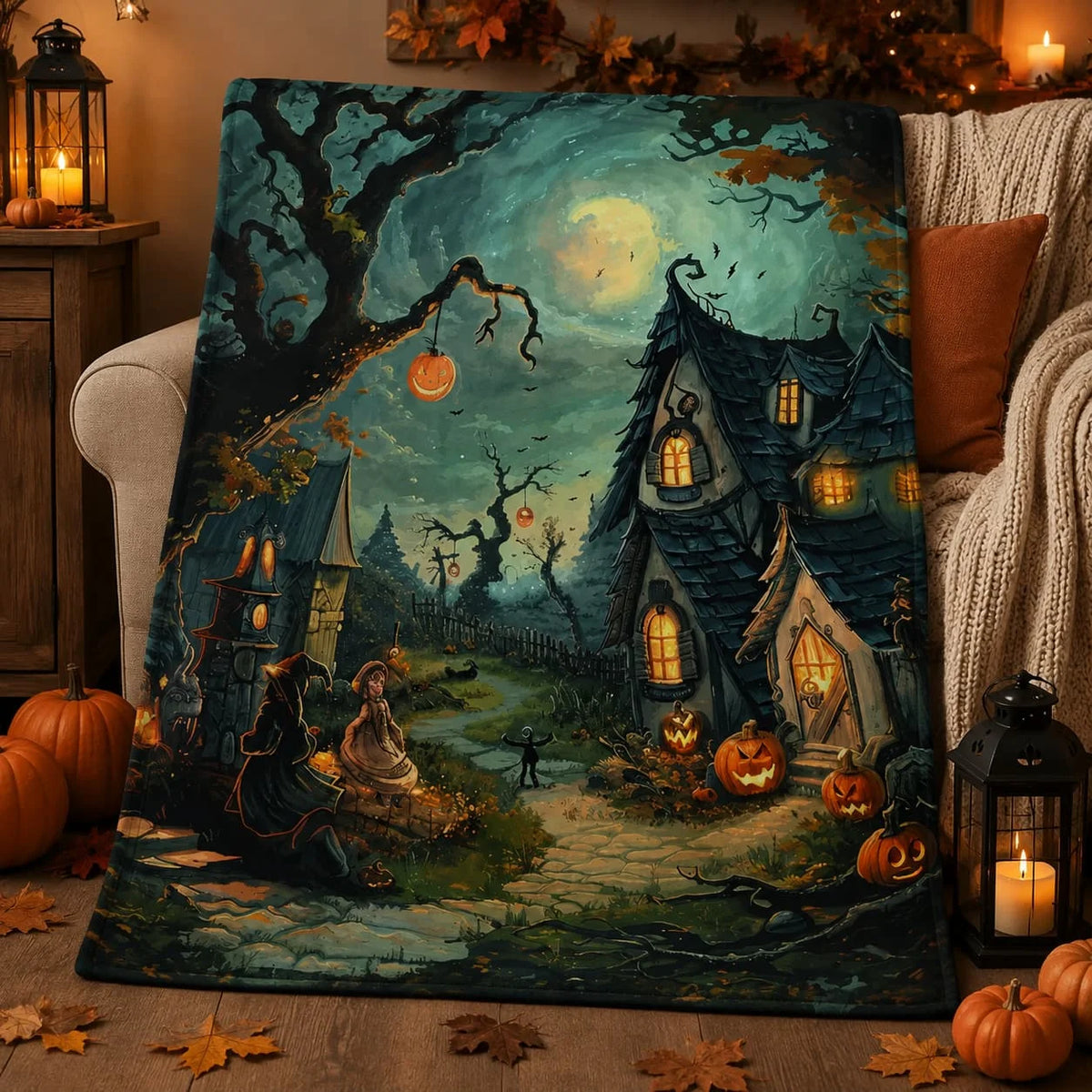 Halloween Blanket: Haunted Village and Pumpkin Scene (Cozy Throw Sizes)