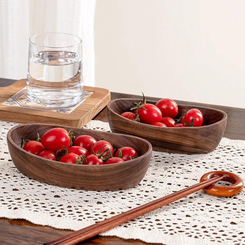 2Pcs Boat-shaped Bowl Kimchi Wooden Bowl Handmade Dessert Plate Household Vintage Wooden Tableware Fruit Salad Bowl