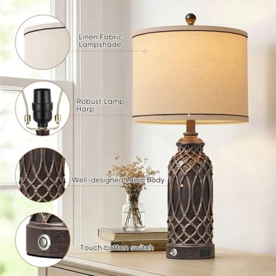 Farmhouse Table Lamps Set of 2 Black-Gold Resin Table Lamps with USB Ports Touch Button Switch Woven Wicker Pattern Linen Shade