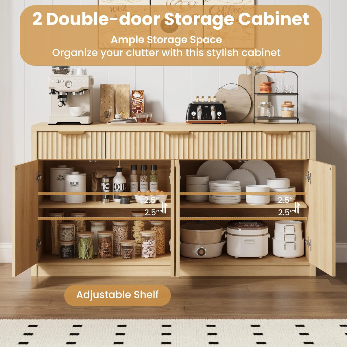55 Inch Fluted Buffet Sideboard Cabinet With 3 Drawers, 4 Doors & Adjustable Shelves, Kitchen Coffee Bar Dining Room Storage