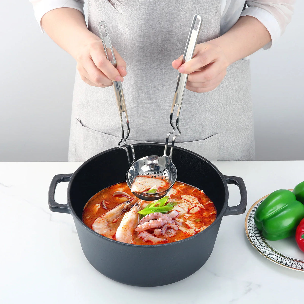 KitchenTrend 2Pcs Stainless Steel Ladle & Skimmer Set, Large Capacity Hanging Hook Design Mirror Polished Soup Strainer Spoon for Home Hotpot Kitchen Cooking
