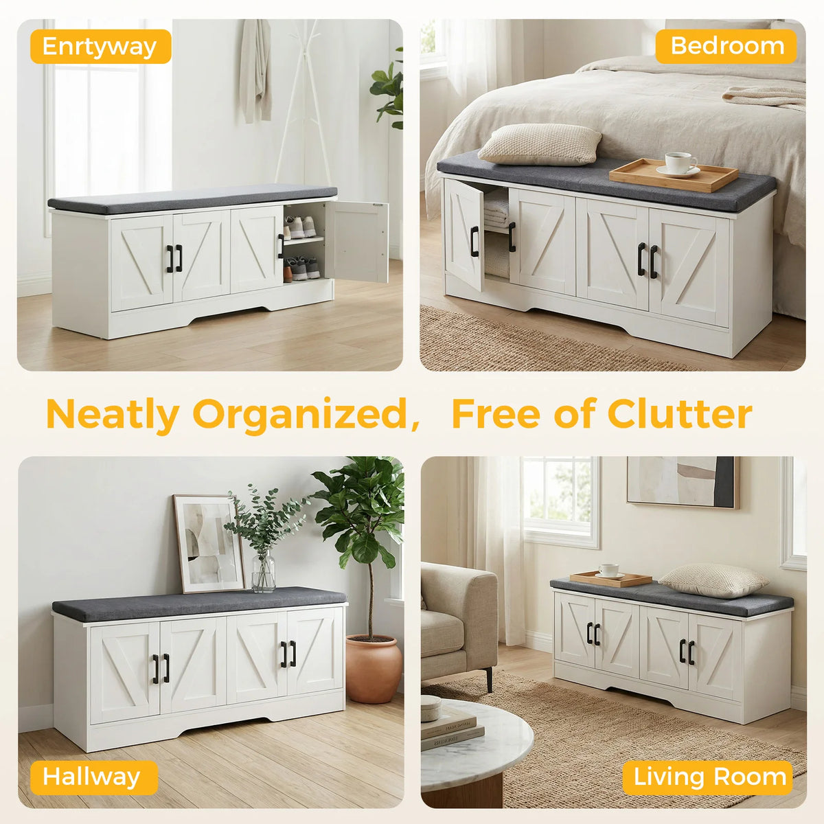 JHK Wooden Shoe Storage Bench With Padded Seat For Entryway