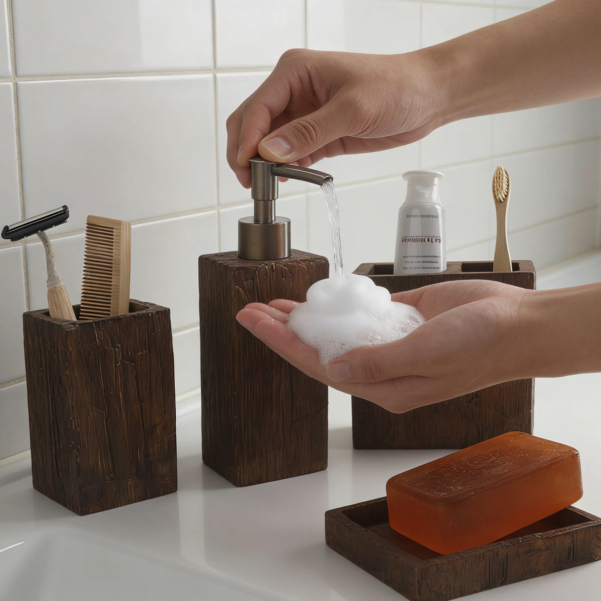 Bathroom Accessory Set, 4 Piece Bathroom Decor Accessories Sets With Texture Lotion Dispenser, Toothbrush Holder, Bathroom Tumbler, Soap Dish For Bathroom Vanity Countertop Accessories