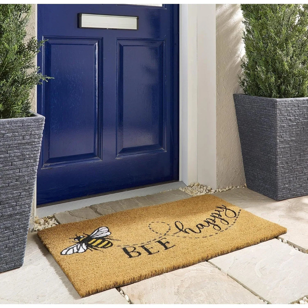 Bee Happy Doormat, Suitable for Home Entrances, Terraces, Balconies, and Gardens - Durable Anti-Slip Flannel Welcome Mat, Indoor and Outdoor