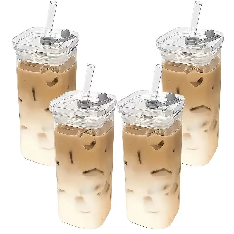 Square Heat Resistant Glass Coffee Mugs With Lids And Straws