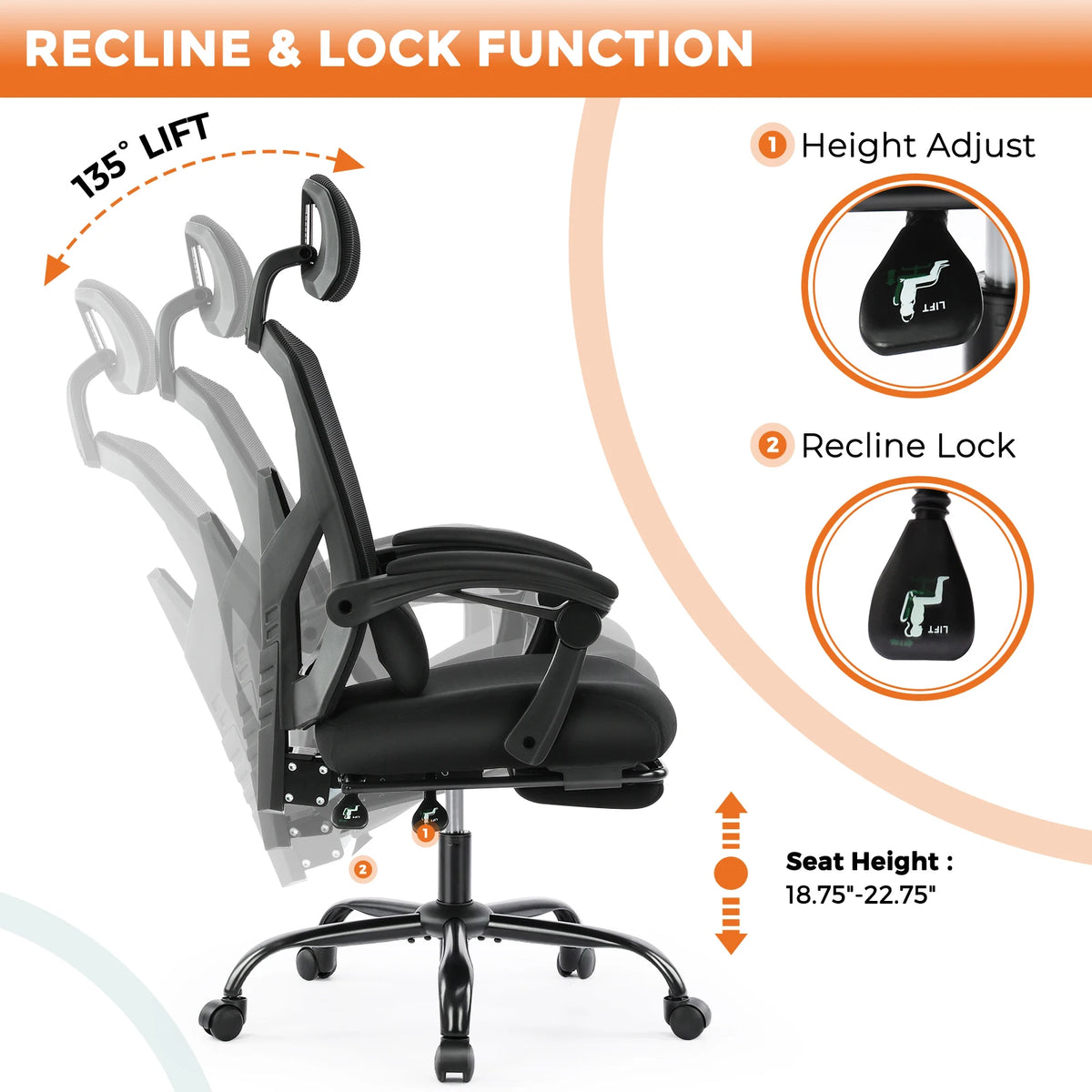 MCQ Ergonomic Reclining Gaming Office Chair With Lumbar Support Mesh