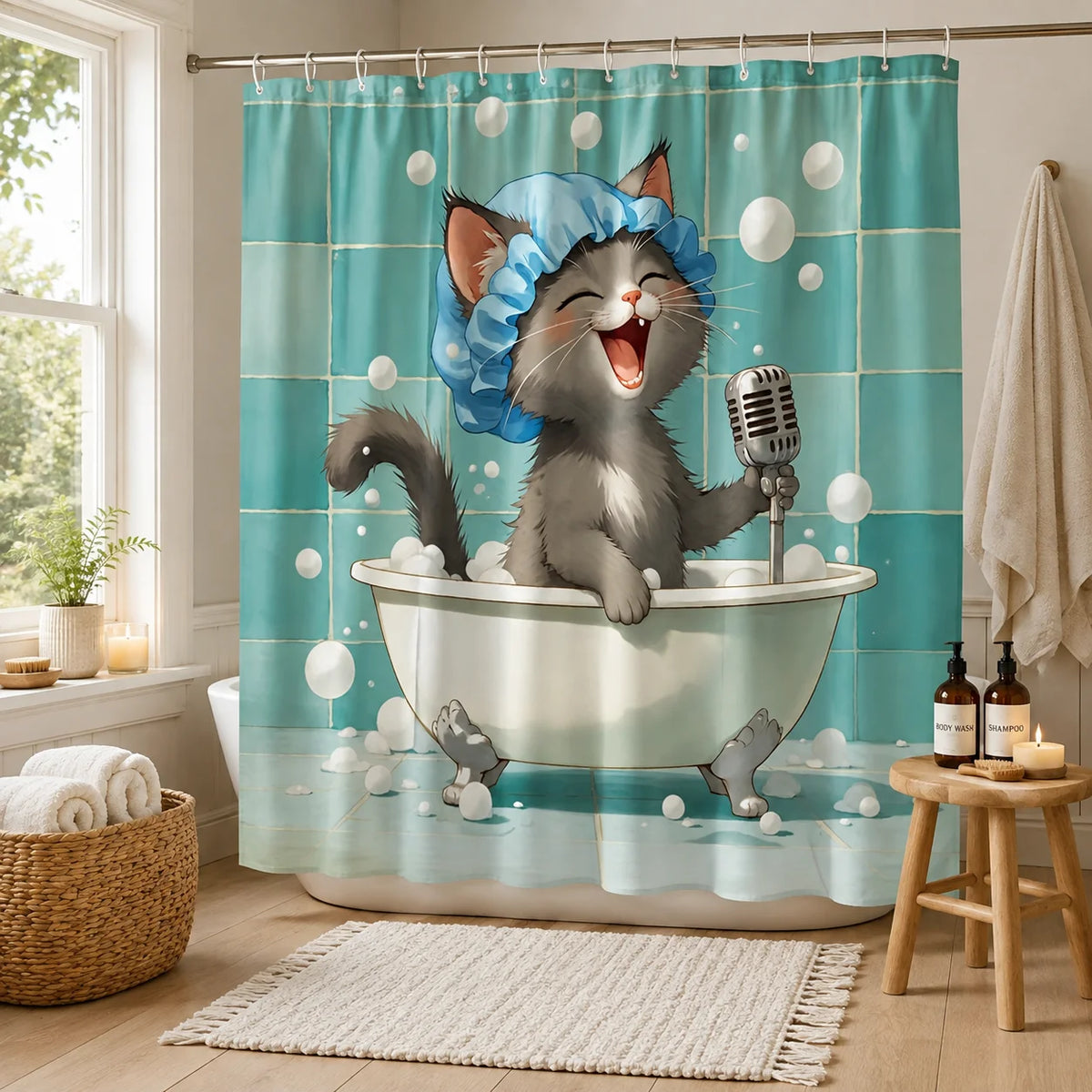 2D Flat, 2D Flat, 2D Flat Shower Curtain 1pc, Mcca Cute Cat Singing Shower Curtain, Polyester Comfortable Fabric, Multi-Size Selection, Special Boutique Hotel, Creating a Dreamy Healing Atmosphere, Creating a Natural Healing