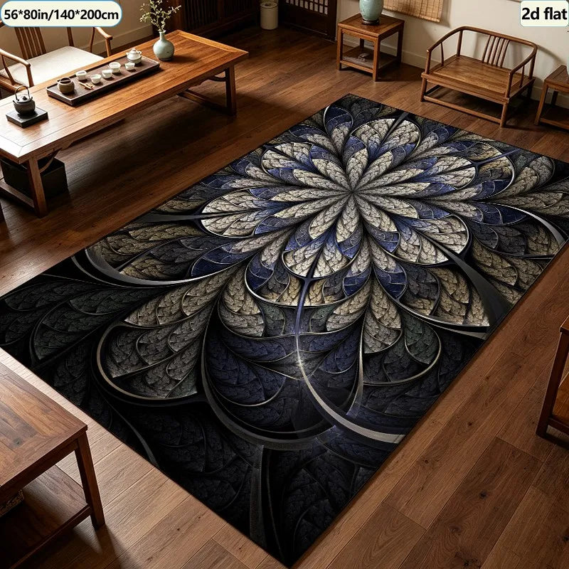 Dark Luxury Fractal Floral Carpet Flooring, Abstract Mandala Swirl Art Area Rug Anti-Slip Floor Mat for Office Villa Living Room Home Decoration