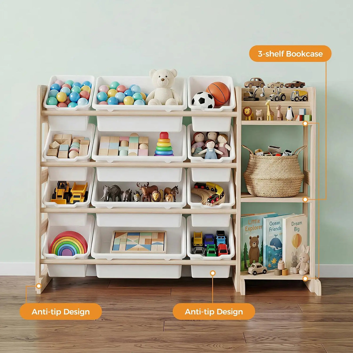 Tacleekii 42" 52" Wide Kids Toy Storage Organizer with 12 Bins & 3 Open Shelves Solid Wood Bookshelf Cabinet Storage Unit for Playroom Bedroom Living Room