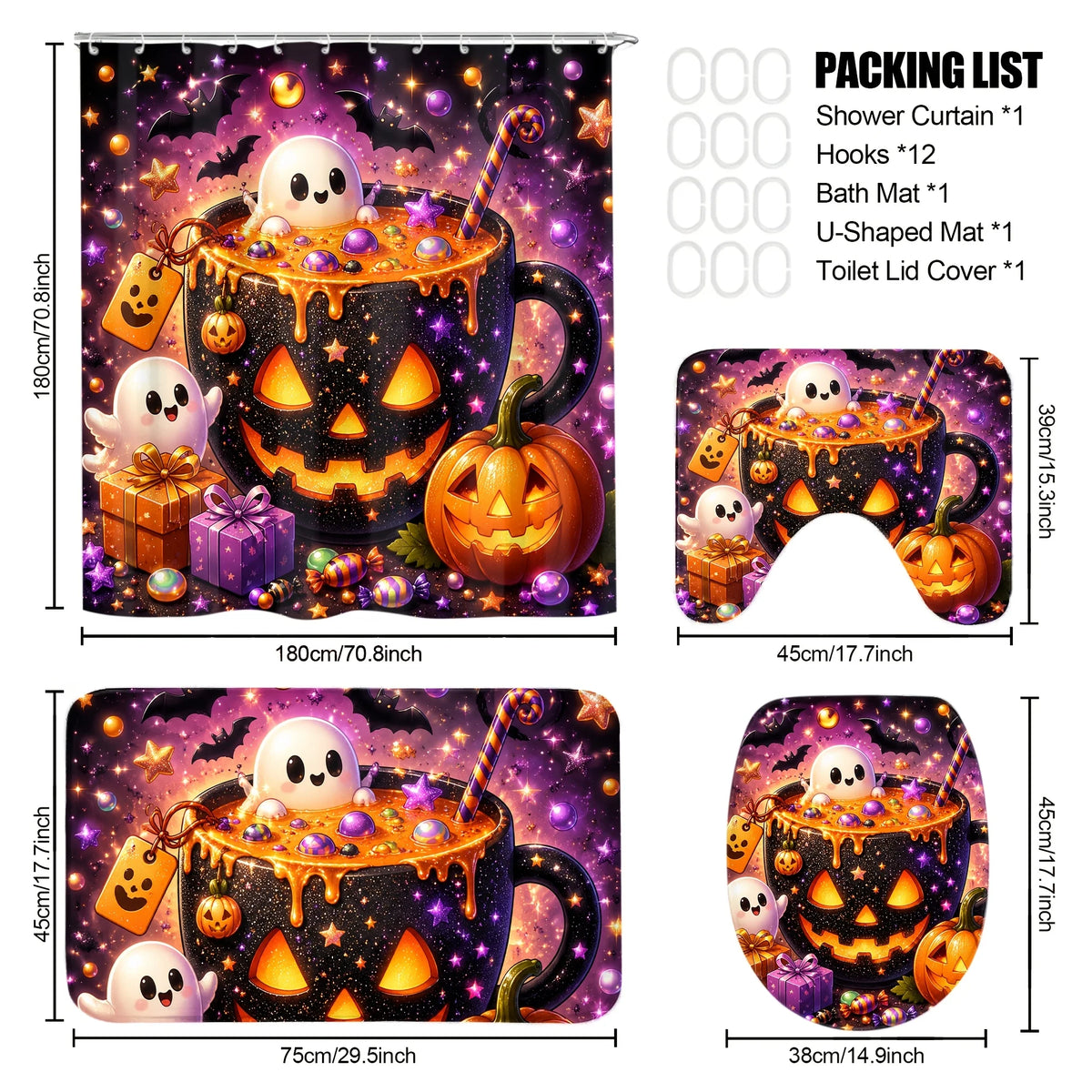 4pcs Halloween Glitter Star Pumpkin Mug Cute Ghost Candy Gift Box Shower Curtain Set, Halloween Decor Bathroom Curtain Set With 12 Hooks Include Non-Slip Bathroom, Toilet U-Shape, Toilet Lid Cover, Fashion Bathroom Accessorie