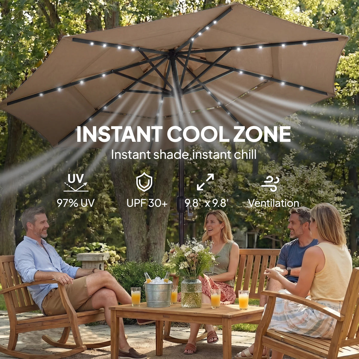9.7 ft Outdoor Patio Umbrella with Lights, Khaki