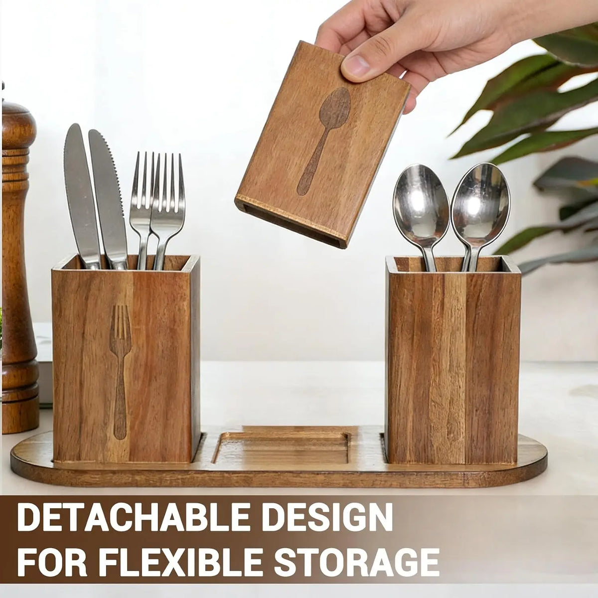 Garvee Acacia Wood Kitchen Utensil Holder Spoon Fork Tableware Storage Rack Cutlery Storage Caddy Organizer Silverware Holder for Spoons Forks Knives, Holds Plates Napkins,