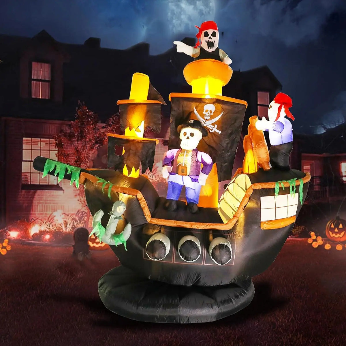 Outdoor Halloween Inflatable Decorations, 7ft Giant Pirate Ship Yard Decoration with Skeleton & Ghost Figures, Built-in LED Lights, Blow Up Lawn Ornament for Patio Party