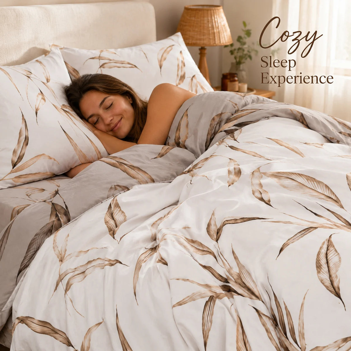 3Pcs Reversible Duvet Cover Set Brown Leaf Botanical Bedding Set Soft Boho Bed Cover with Pillowcases Queen King Twin Full
