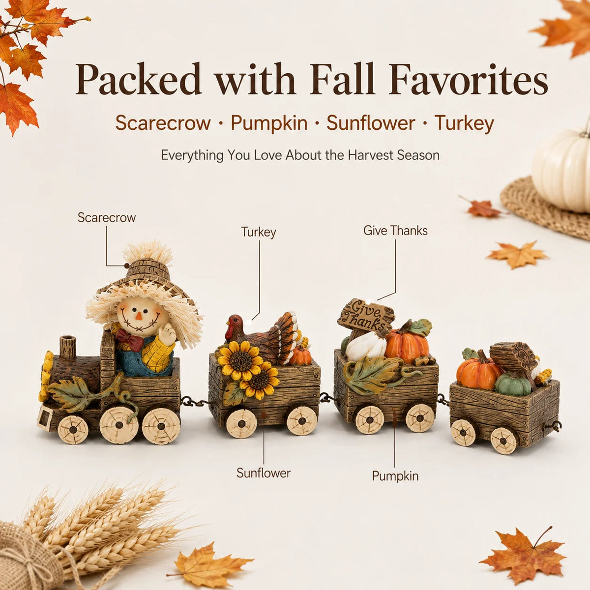 Hodao Scarecrow Resin Fall Harvest Train Figurine, Locomotive with Turkey Pumpkin Sunflower Wagons, Thanksgiving Tabletop Decoration, Rustic Autumn Farmhouse Shelf Sitter Ornament for Mantel, Home, Patio and Seasonal Holiday