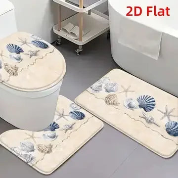 Coastal Bathroom Mat Set, Seashell Starfish Bath Rug Non-Slip Toilet Seat Cover Set, Ocean Beach Home Decor