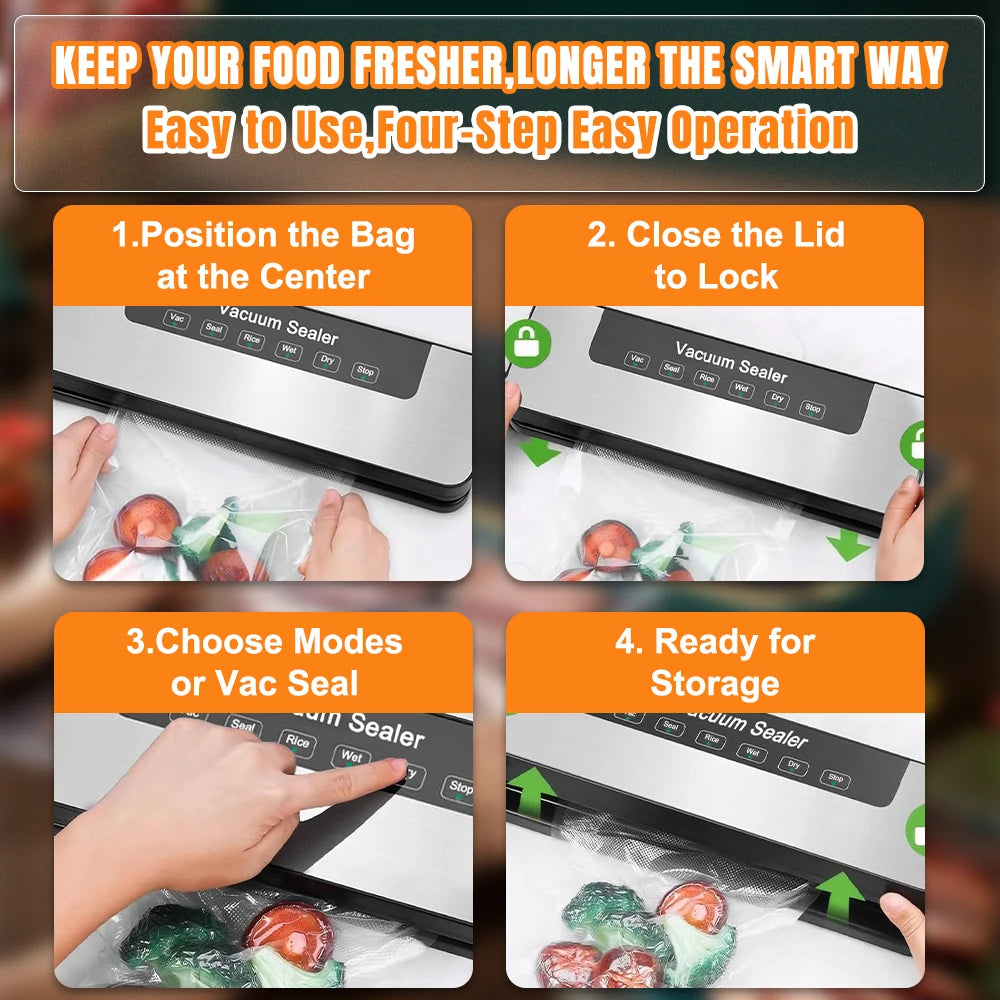 Multi-mode Vacuum Food Sealer Dry Wet Rice Mode Automatic Vacuum Sealing Machine Home Food Storage Vacuum Packer with Vacuum Bags