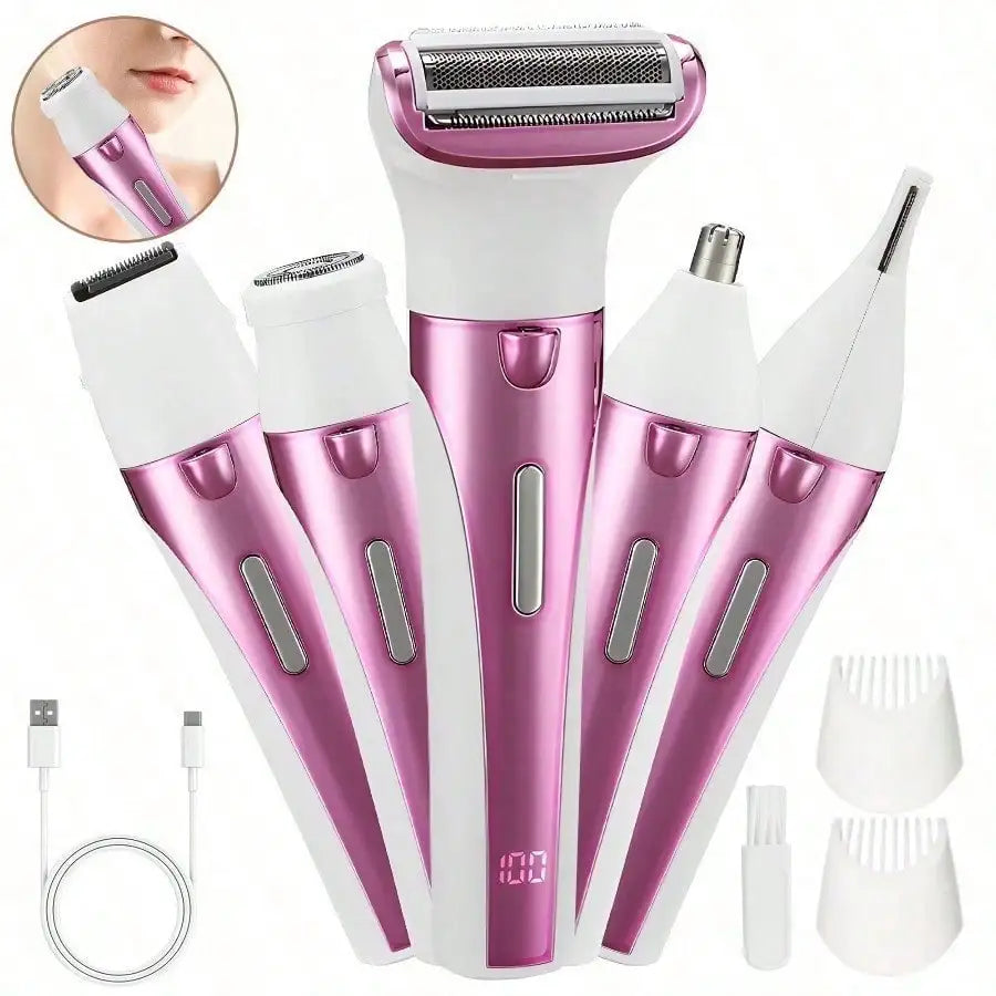 5-In-1 Rechargeable Cordless Electric Shaver For Women - Trimmer For Face, Nose, Eyebrows, Arms, Underarms, And Legs