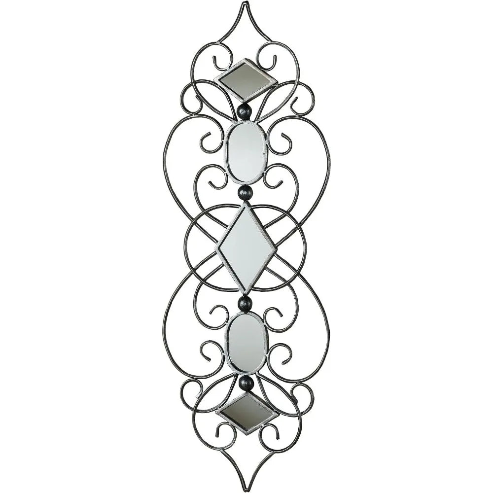 Elegant Silver and Black Scrollwork Mirrored Metal Wall Art | Decorative Hanging Mirror for Various Rooms