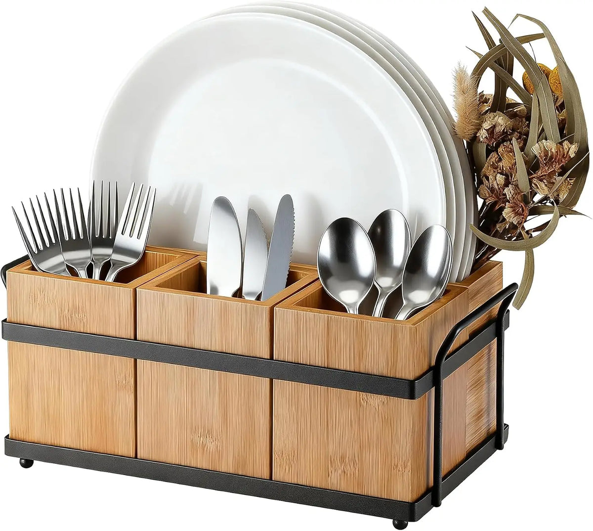 Garvee Wood Kitchen Utensil Holder Spoon Fork Tableware Metal TrayStorage Rack Container 4 Removable Compartments Utensil Caddy Organizer Silverware Holder for Kitchen, Buffet, Picnic, Camping