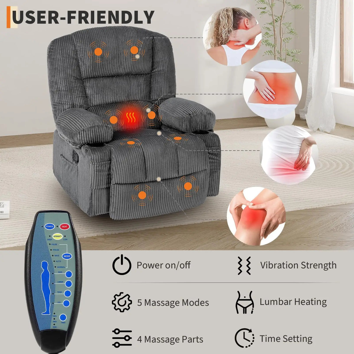 HiMISS Massage Recliner Chair With Heat Swivel Rocker And Storage