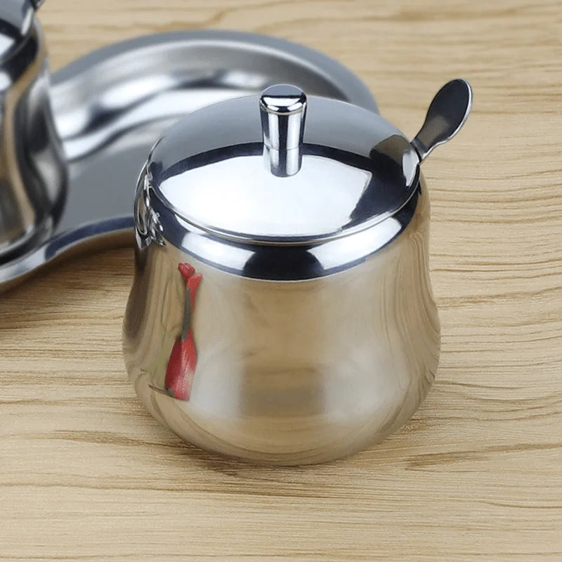 1Set 300ml Stainless Steel Sugar Bowl Coffee Seasoning Jar Condiment Pot Spice Container Canister Cruet with Lid and Spoon