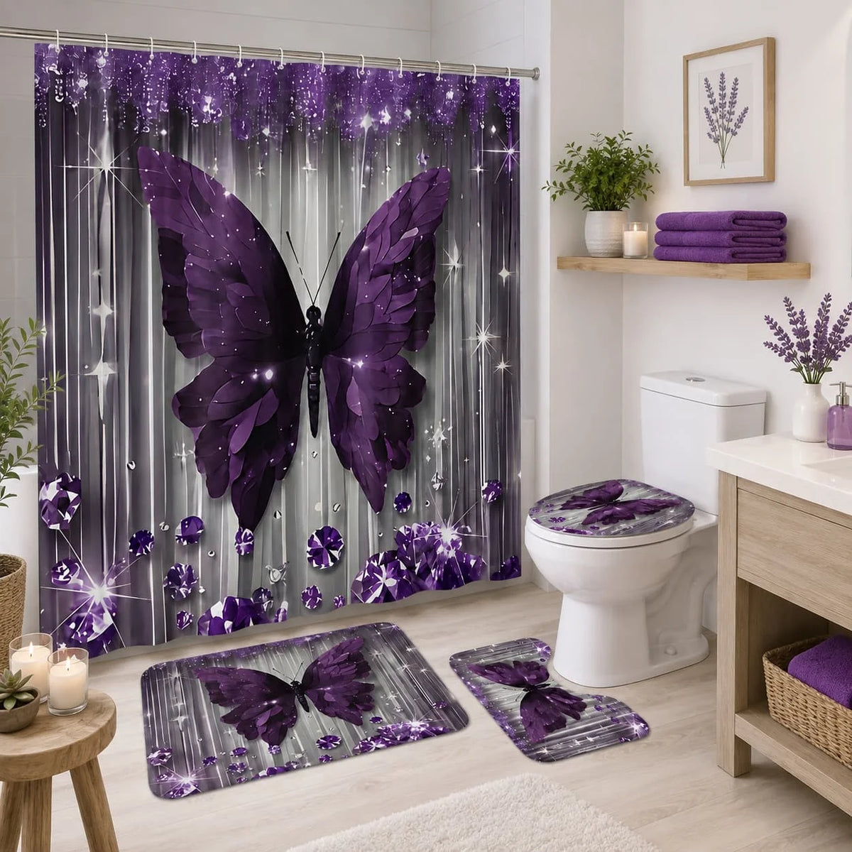 4pcs Purple Butterfly Bathroom Set with Shower Curtain, Non-Slip Rug & Toilet Cover - Machine Washable Suitable for Bath Decor, U-Shaped Mat, Hooks Included, Complete Bath Accessories for And