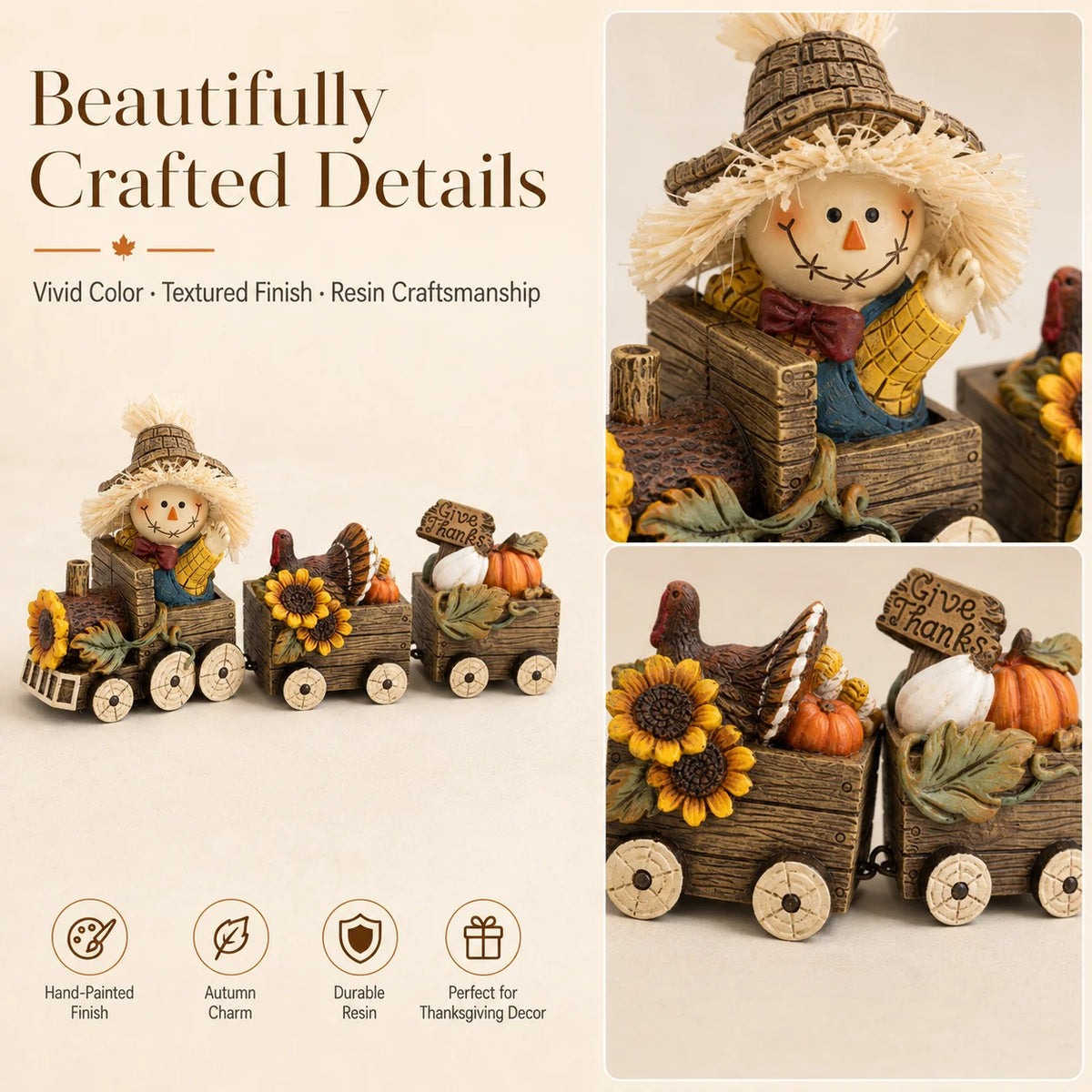 Hodao Scarecrow Resin Fall Harvest Train Figurine, Locomotive with Turkey Pumpkin Sunflower Wagons, Thanksgiving Tabletop Decoration, Rustic Autumn Farmhouse Shelf Sitter Ornament for Mantel, Home, Patio and Seasonal Holiday