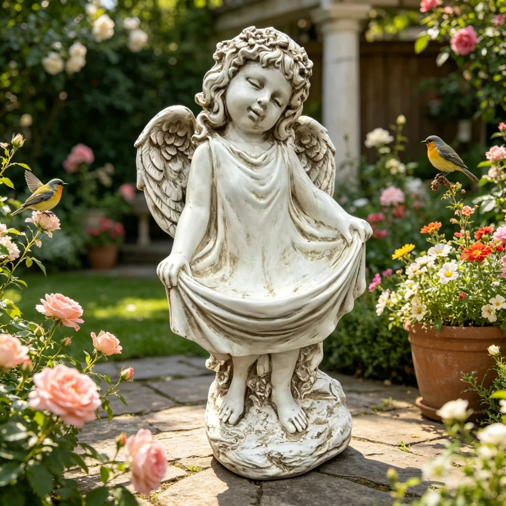 21.06" Tall Weathered Angel Cherub Garden Statue, Resin Dress Sculpture Figurine, Decorative Outdoor Yard Lawn Patio Backyard Landscape Ornament Decoration