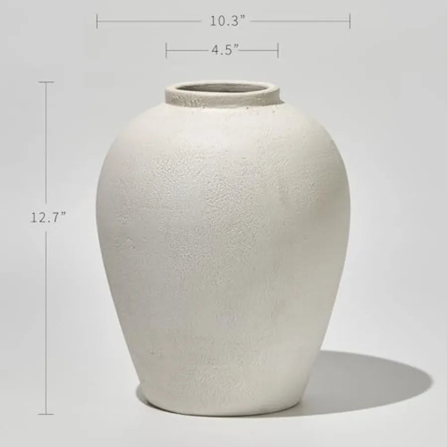 White Ceramic Large Vase 12.7 Tall for Home Decor Zen Style Terra Cotta Pitcher Look Distressed Farmhouse Finish Pottery Flower