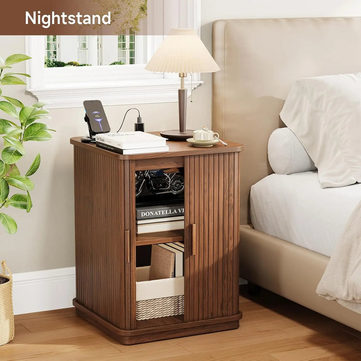 ONBRILL USB Charging Nightstand With Fluted Storage And Power Outlet
