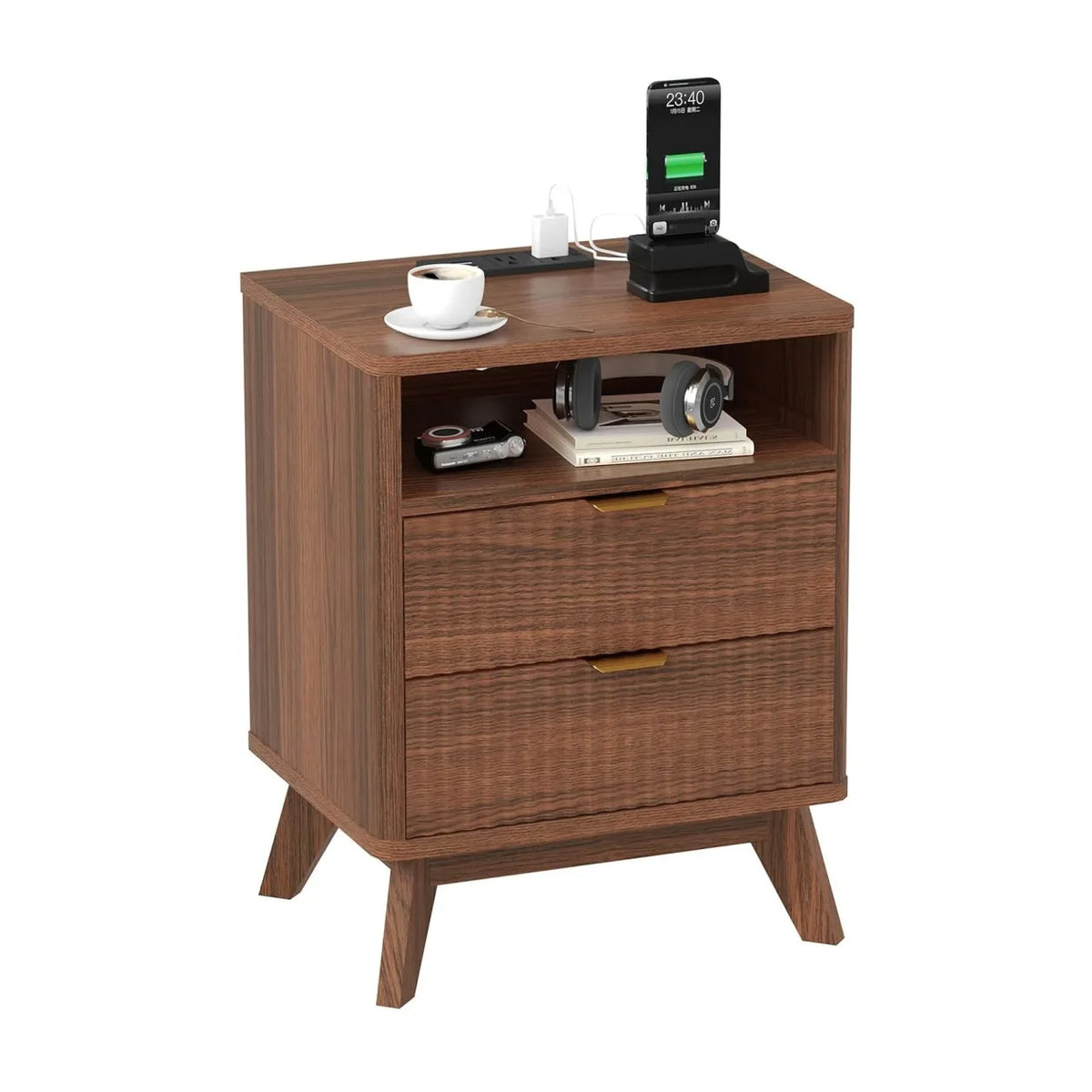 Walnut Nightstand with Drawer and Open Shelf USB Charging Station Bedside Table with AC Outlets Fluted Wood Side Table Storage Cabinet for Bedroom Living Room Sofa