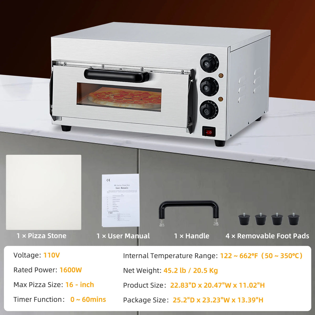 16 Inch Countertop Pizza Oven, 1600W Stainless Steel Electric Pizza Oven with Pizza Stone, Timer & Adjustable Temp for Home Commercial Use