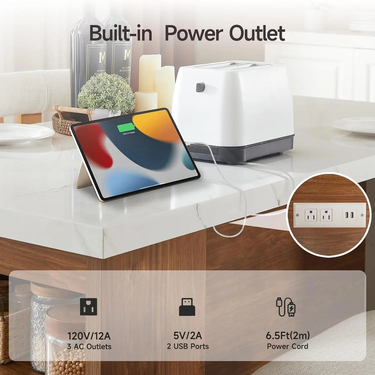 ONBRILL 61 x 31 Inch Kitchen Island Table for 4, Modern White Marble-Look One-Piece Tabletop, 1.8-Inch Thick Top, RGB LED Light, 2 AC Outlets, 2 USB Ports & 3-Tier Adjustable Shelf for Kitchen Dining Room Home Office