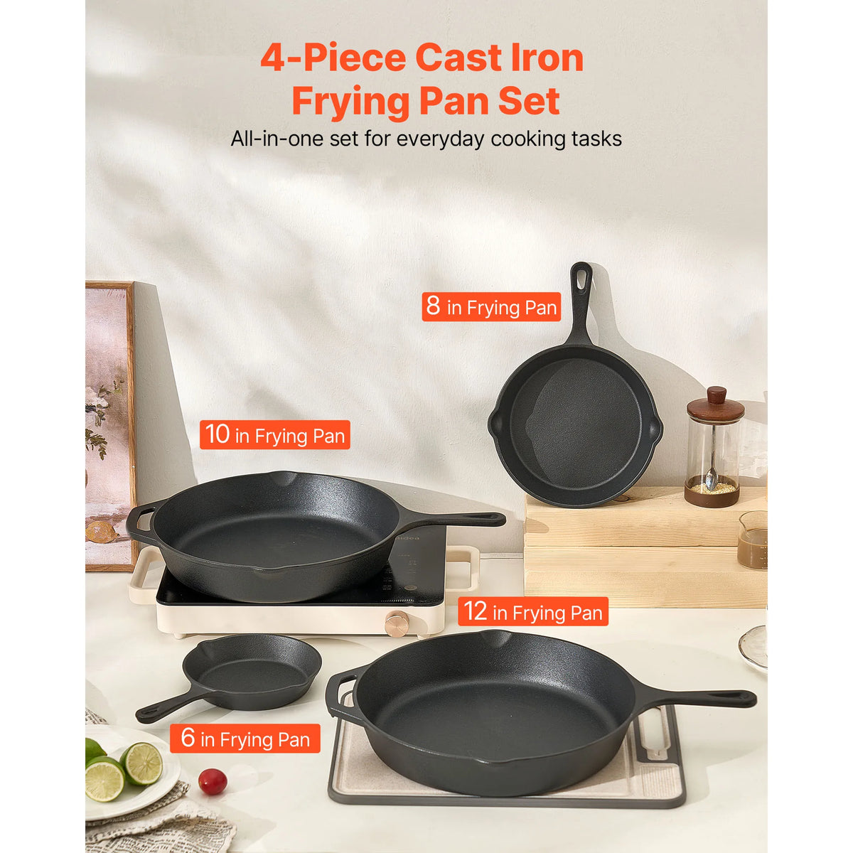 SucceBuy Cast Iron Skillet 4-Piece Frying Pan Set Skillets w/ Heat-Resistant Silicone Handle Kitchen Cookware for Gas Electrical